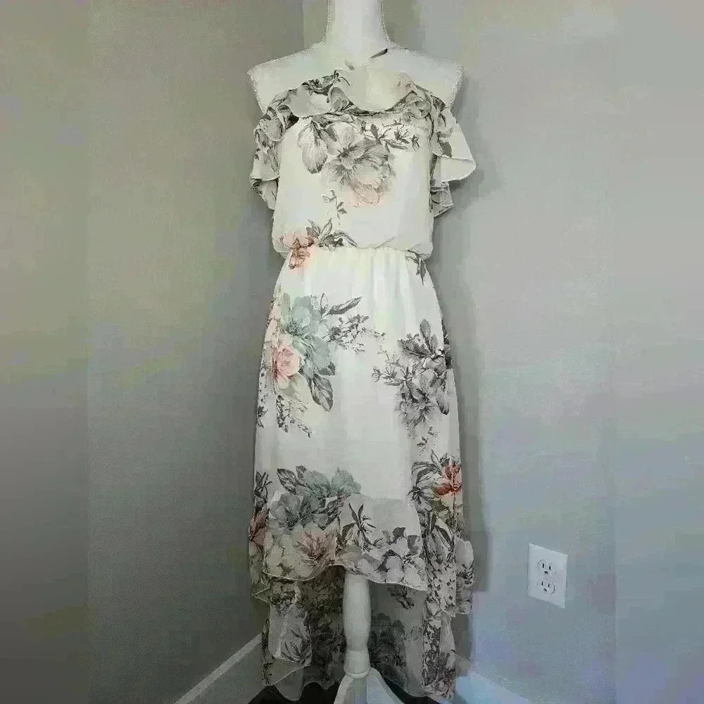 bailey blue White Floral Asymmetrical Ruffle Dress